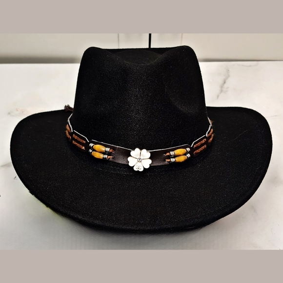 Black Cowboy Hat w/Removable Hat Band Adorned w/Designer Button - Picture 4 of 9